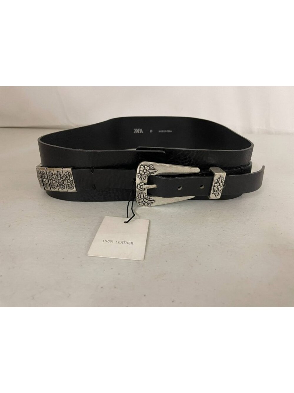 Zara Black Leather Belt Western Silver Tone Floral Embellished US 30 Size 80 NWT